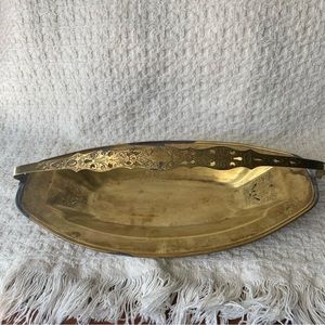 Vtg Brass Filigree Reticulated Swivel Handle Tarnish Bread Fruit Trinket Dish